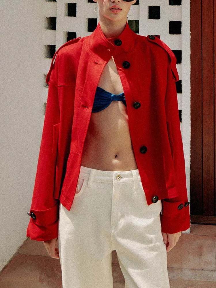 Fashionable Red Long Sleeve Stand Collar Jacket Women's Spring Summer New Arrival Belt Decorated Outerwear Elegant Stylish
Fashionable Red Long Sleeve Stand Collar Jacket Women's Spring Summer New Arrival Belt Decorated Outerwear Elegant Stylish