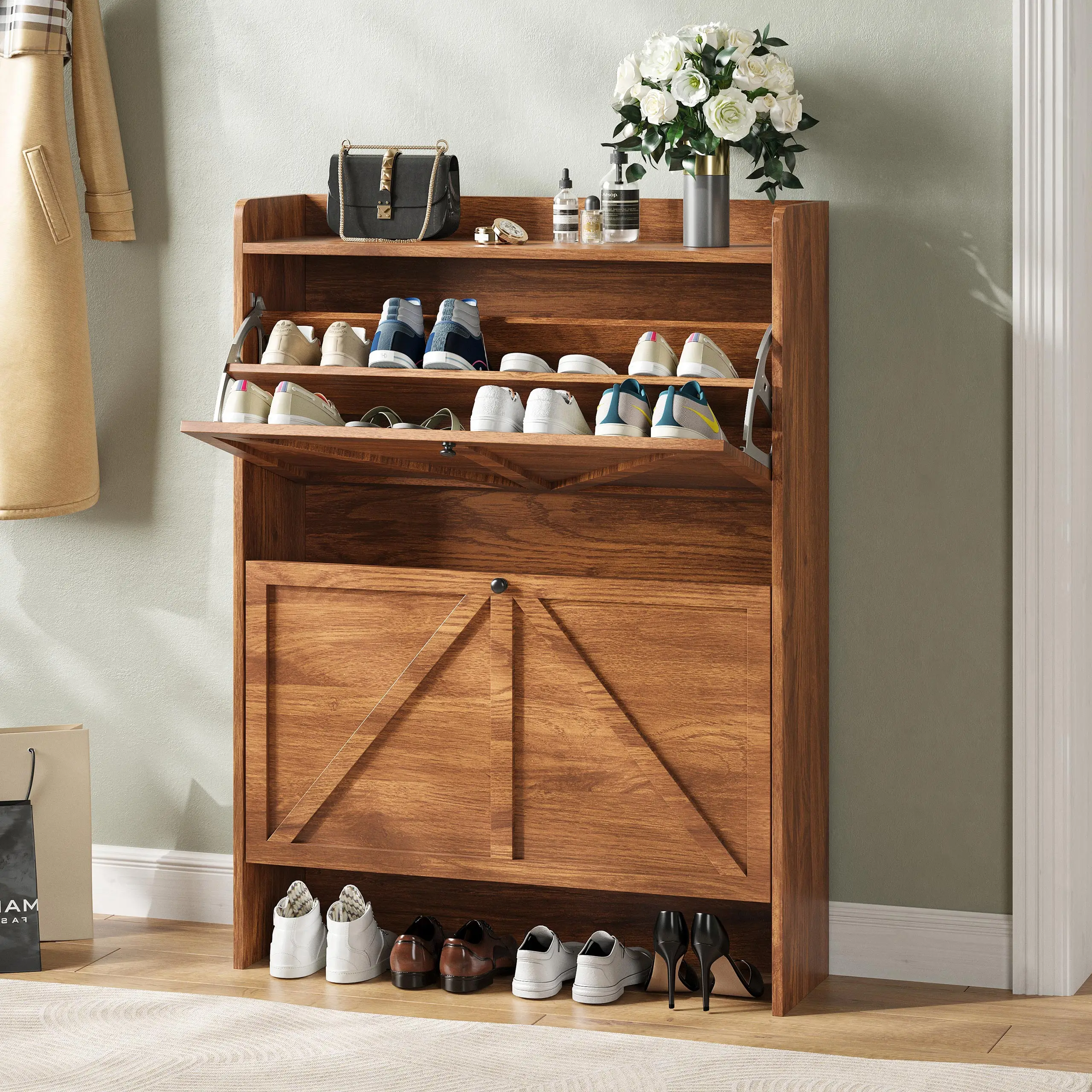 Farmhouse Entryway Shoe Cabinet with 2 Flip-Out Drawers, Freestanding Shoe Rack with Open Shelf for Hallway Mudroom Living Room
Farmhouse Entryway Shoe Cabinet with 2 Flip-Out Drawers, Freestanding Shoe Rack with Open Shelf for Hallway Mudroom Living Room