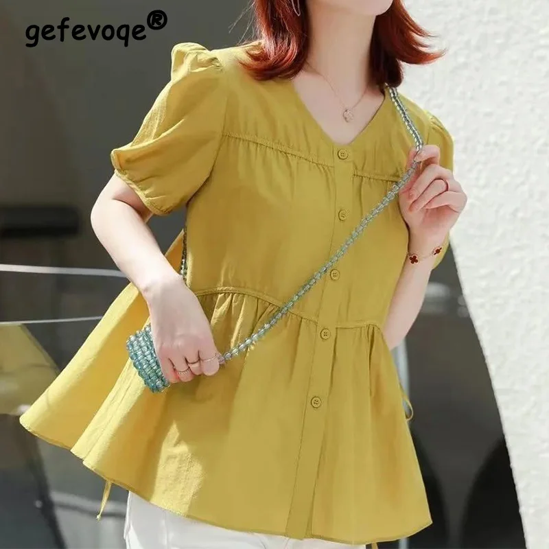Summer Loose Design with Short Sleeves Pullover Tees Casual V-Neck Solid Color Patchwork Button Pleated Bandage Tops Women
Summer Loose Design with Short Sleeves Pullover Tees Casual V-Neck Solid Color Patchwork Button Pleated Bandage Tops Women