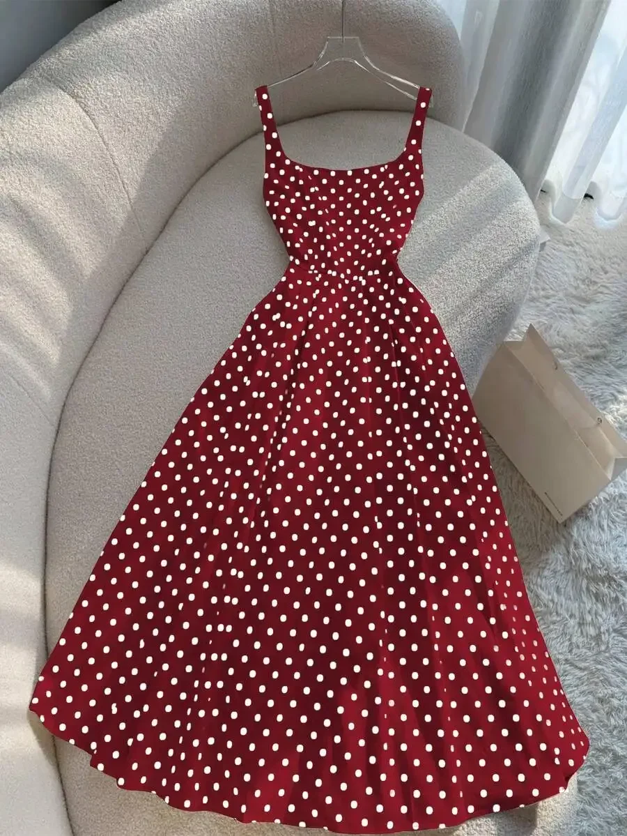 Women Retro French Polka Dot Spaghetti Strap Maxi Dress For Beach Vacation
Women Retro French Polka Dot Spaghetti Strap Maxi Dress For Beach Vacation