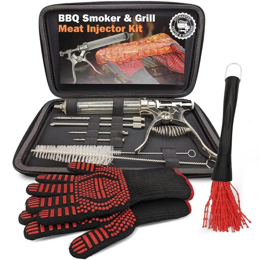 Профессиональный набор для копчения мяса: инжектор-шприц для копчения с кейсом, термостойкие нескользящие перчатки и силиконовая щетка-моп.
Профессиональный набор для копчения мяса: инжектор-шприц для копчения с кейсом, термостойкие нескользящие перчатки и силиконовая щетка-моп.