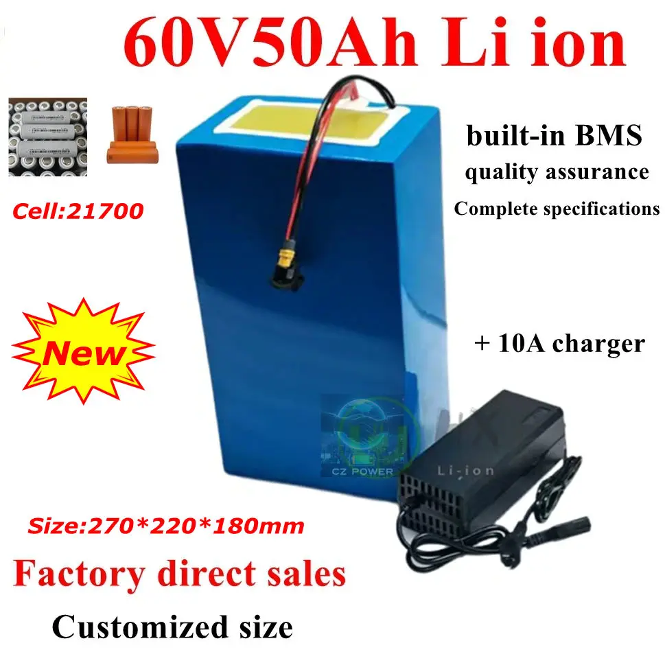 CZ-New Batterie au lithium pour vélo électrique avec 16S Cell-21700 BMS puissant intégré et charger 10A, 60V, 50Ah, 3000W-7200W
CZ-New Batterie au lithium pour vélo électrique avec 16S Cell-21700 BMS puissant intégré et charger 10A, 60V, 50Ah, 3000W-7200W