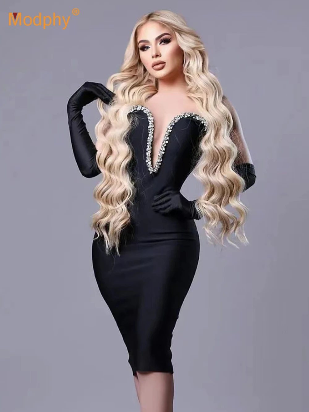 Modphy 2024 Women Fashion Strapless Diamond Design Midi Bandage Dress Sexy V-neck Bodycon Sleeveless Backless Celebrity Party
Modphy 2024 Women Fashion Strapless Diamond Design Midi Bandage Dress Sexy V-neck Bodycon Sleeveless Backless Celebrity Party
