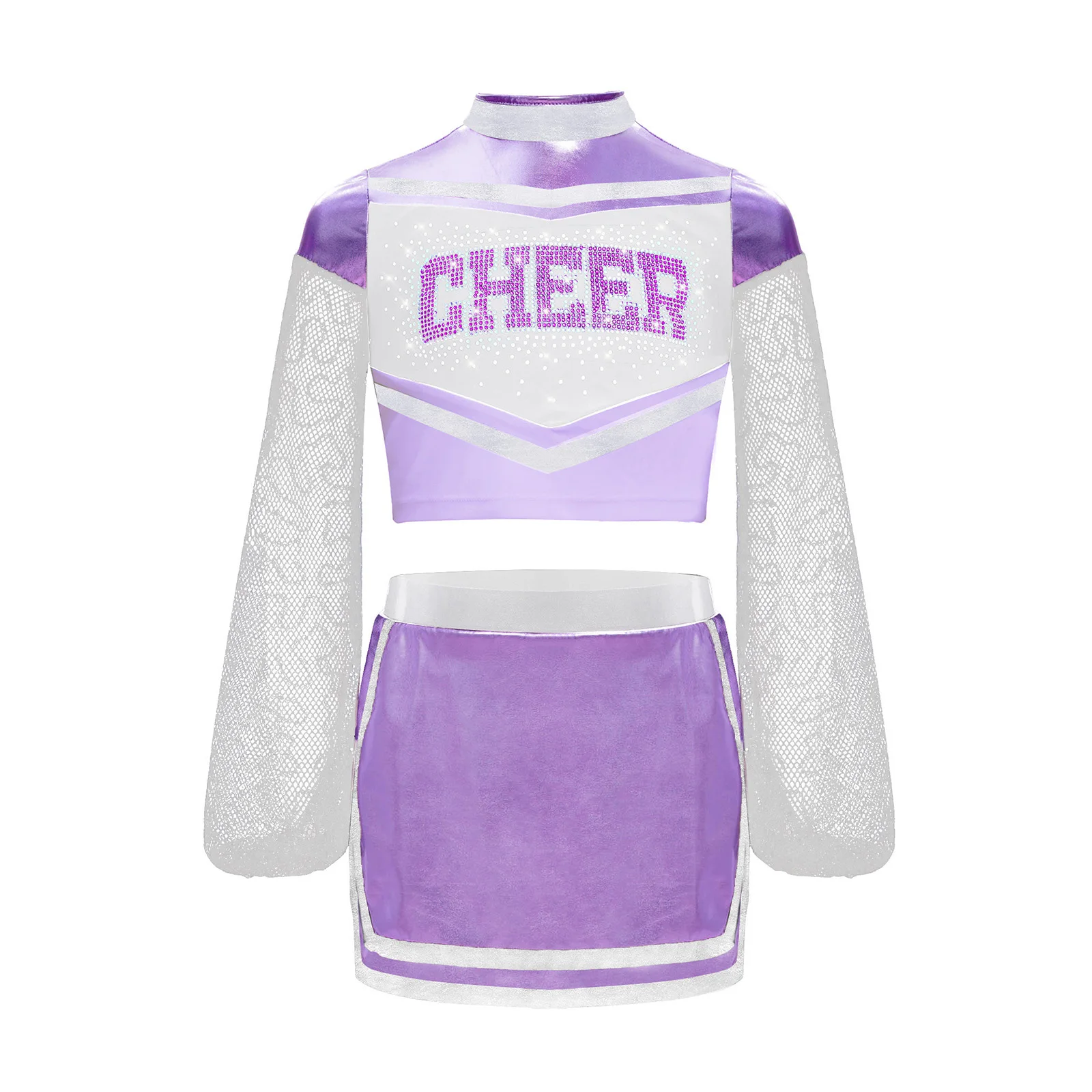 2Pcs/Set Kids Girls Cheerleading Uniform Mesh Long Sleeves Sparkly Rhinestone Letters Crop Top+Built-in Shorts Side Slit Skirt
2Pcs/Set Kids Girls Cheerleading Uniform Mesh Long Sleeves Sparkly Rhinestone Letters Crop Top+Built-in Shorts Side Slit Skirt