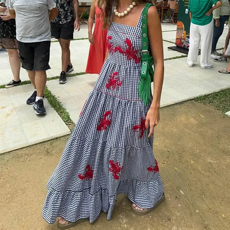 Elegant Embroidered Printed Slim Party Dress Summer Women's Off the Shoulder Hollow Beach Long Dress Fashion Plaid Strap Dresses
Elegant Embroidered Printed Slim Party Dress Summer Women's Off the Shoulder Hollow Beach Long Dress Fashion Plaid Strap Dresses