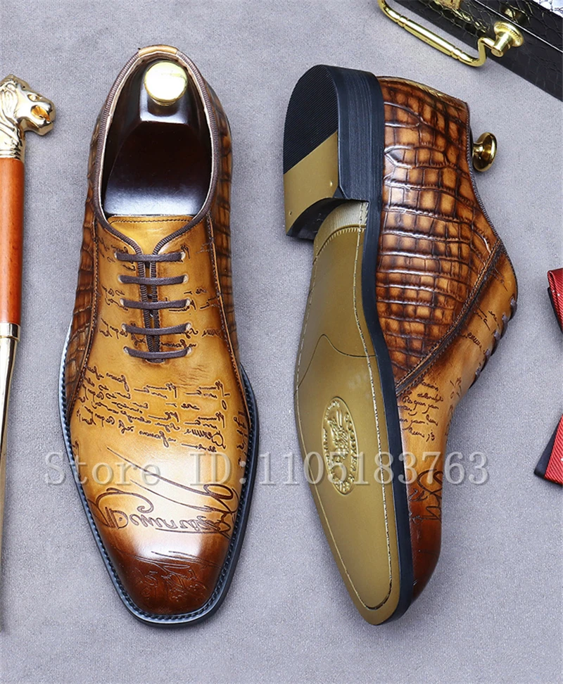 Men's Luxury Crocodile Pattern Leather Oxfords Handwritten Script Engraved Lace-Up Dress Shoes for Business and Formal Events
Men's Luxury Crocodile Pattern Leather Oxfords Handwritten Script Engraved Lace-Up Dress Shoes for Business and Formal Events