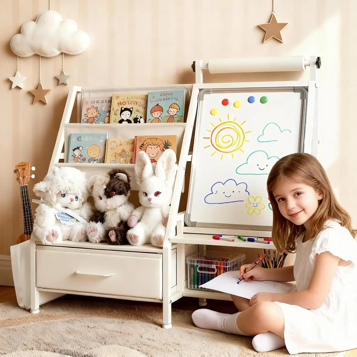 4-in-1 Kids Art Easel with Bookshelf, Toy Organizer, Paper Roll & Magnetic Whiteboard for Ages 2-8
4-in-1 Kids Art Easel with Bookshelf, Toy Organizer, Paper Roll & Magnetic Whiteboard for Ages 2-8