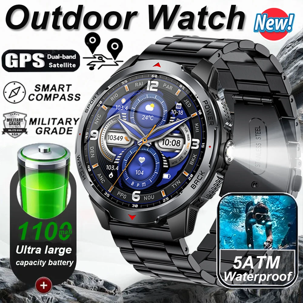 1100mAh Military Outdoor Smart Watch Men LED Flashlight Display Compass Sports Watch 5ATM Waterproof Bluetooth Call Smartwatch
1100mAh Military Outdoor Smart Watch Men LED Flashlight Display Compass Sports Watch 5ATM Waterproof Bluetooth Call Smartwatch