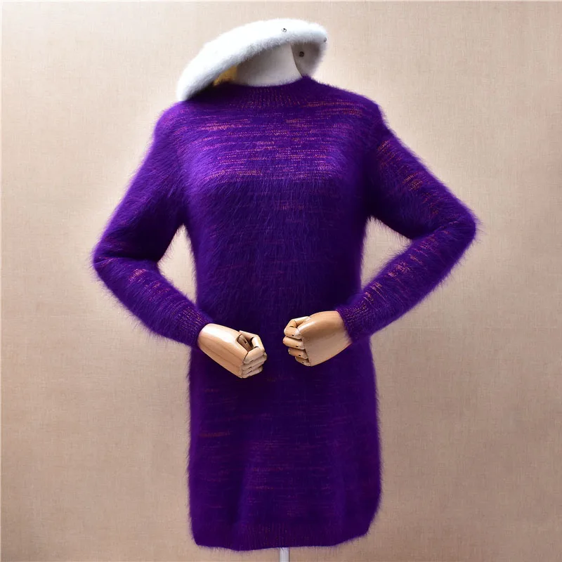 Ladies Women Autumn Winter Clothing Purple Hairy Mink Cashmere Knitted O-Neck Medium Long Angora Sweater Jumper Dress Pull Tops
Ladies Women Autumn Winter Clothing Purple Hairy Mink Cashmere Knitted O-Neck Medium Long Angora Sweater Jumper Dress Pull Tops