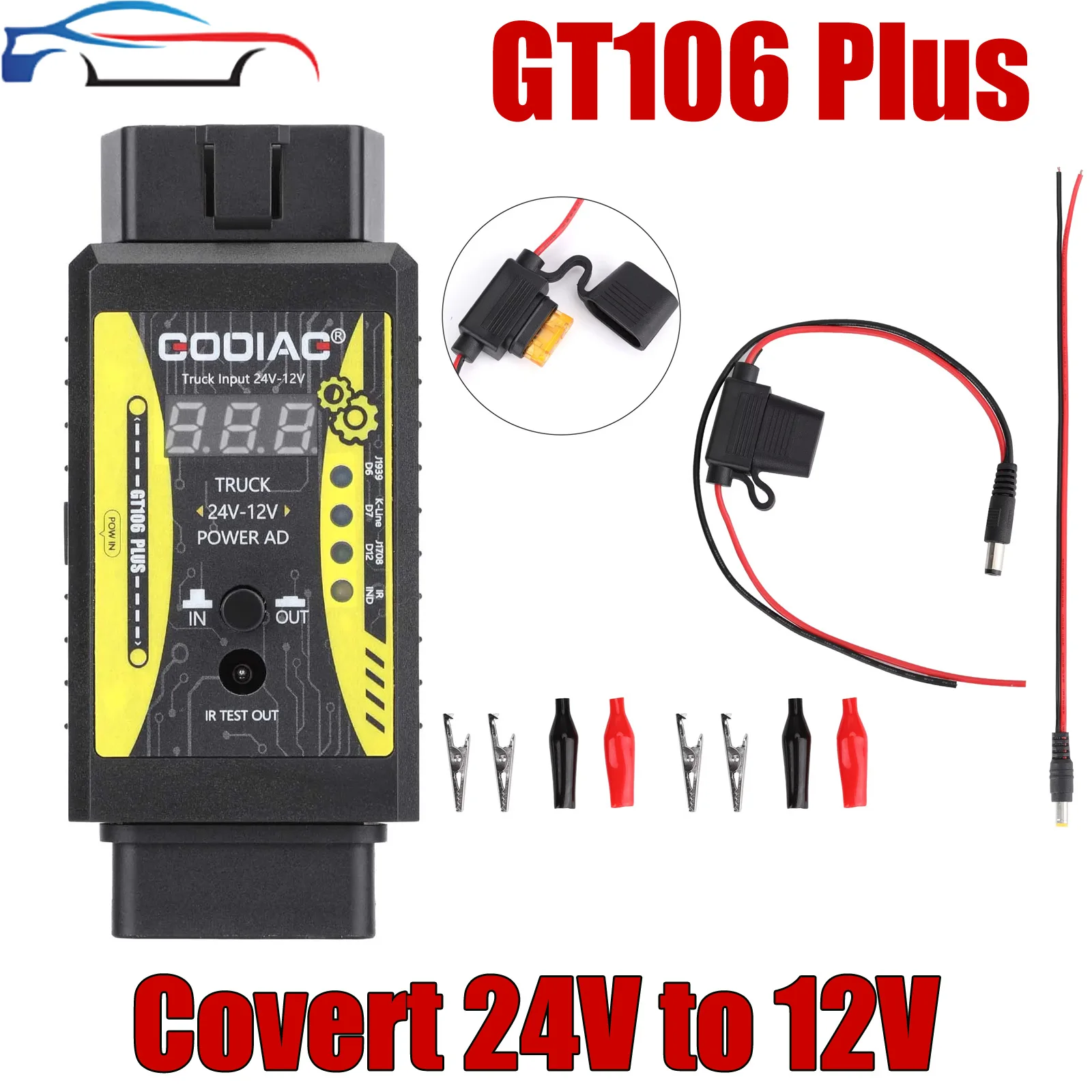 GODIAG GT106 PLUS 24 В-12 В HD адаптер для грузовиков добавляется чистка и тестирование топливных форсунок, тестирование реле для автомобилей и грузовиков 
GODIAG GT106 PLUS 24 В-12 В HD адаптер для грузовиков добавляется чистка и тестирование топливных форсунок, тестирование реле для автомобилей и грузовиков