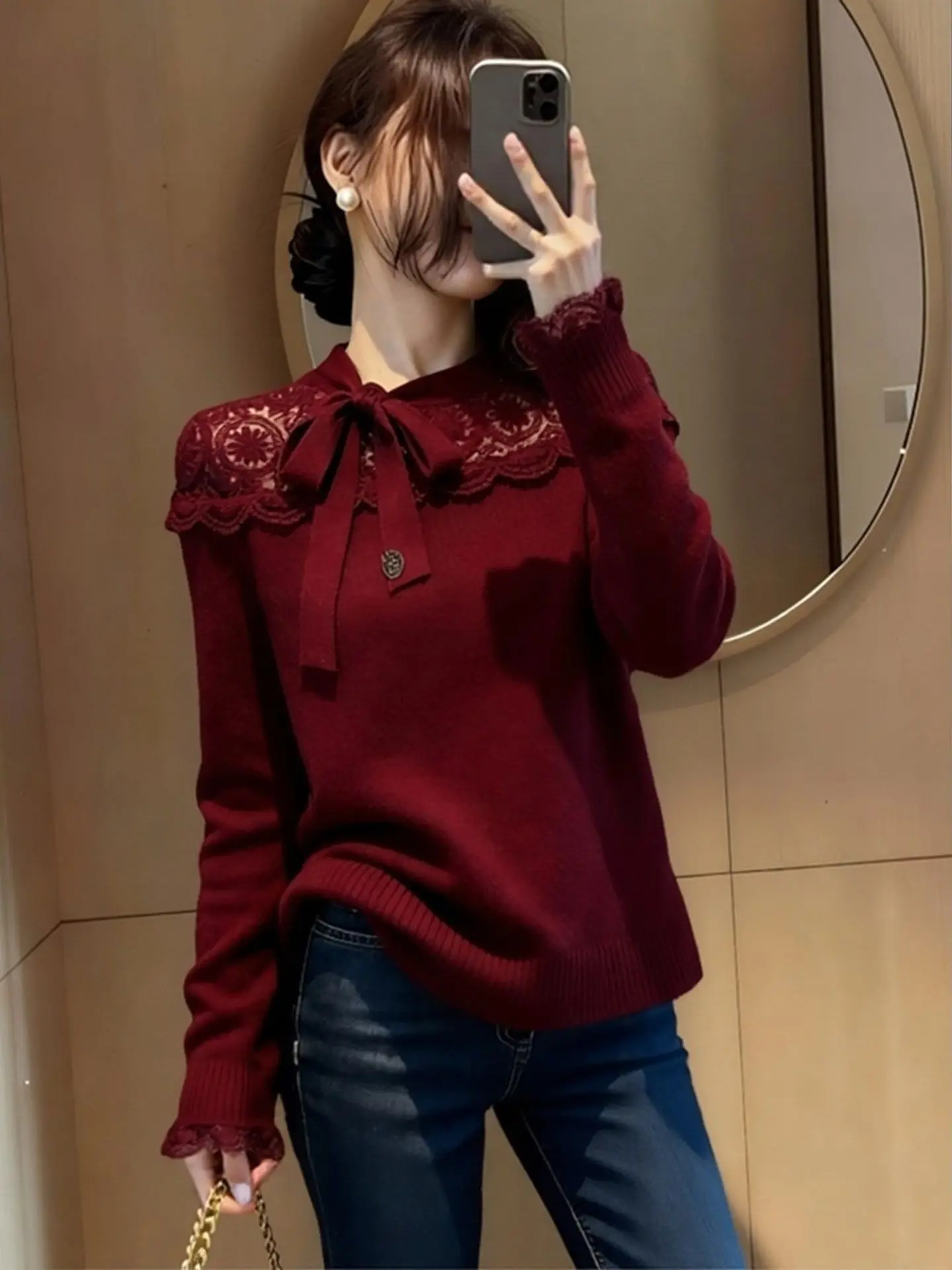 Korean Sle Winter New Wine Red Lace Knot Splicing Sweater Slimming Effect Aosphere Feeling Women's Faion Top
Korean Sle Winter New Wine Red Lace Knot Splicing Sweater Slimming Effect Aosphere Feeling Women's Faion Top