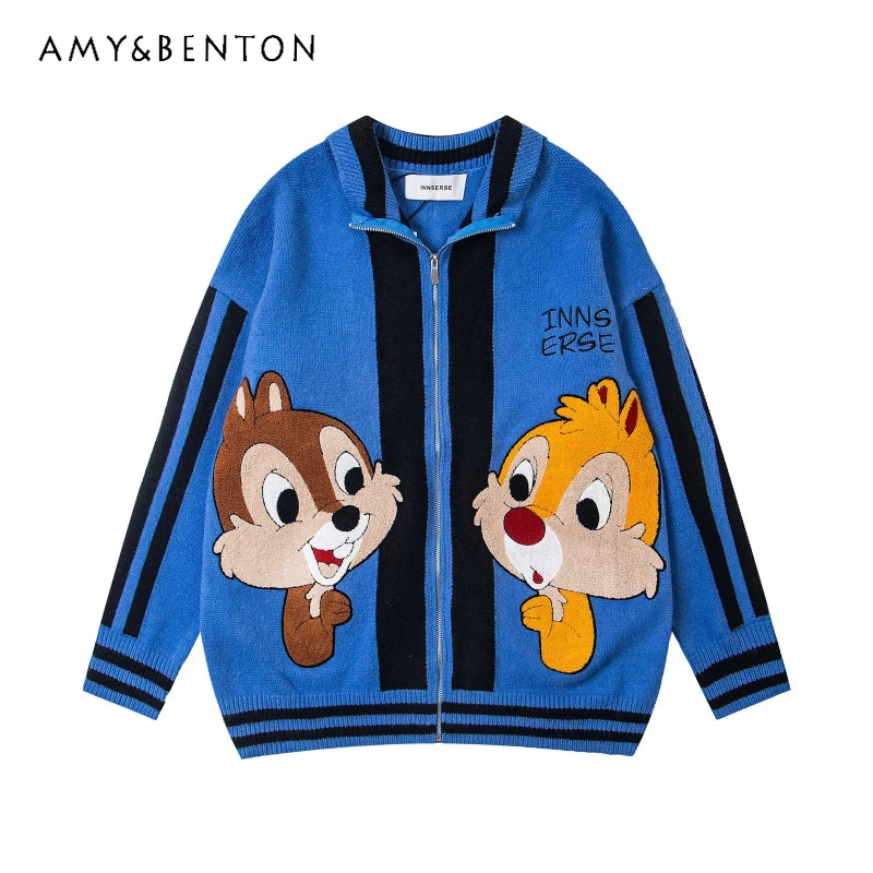 American Retro Fun Cute Long-sleeves Knitwear Flocked Cartoon Color Block Loose Casual Couple Knitted Cardigan Sweater Jacket
American Retro Fun Cute Long-sleeves Knitwear Flocked Cartoon Color Block Loose Casual Couple Knitted Cardigan Sweater Jacket