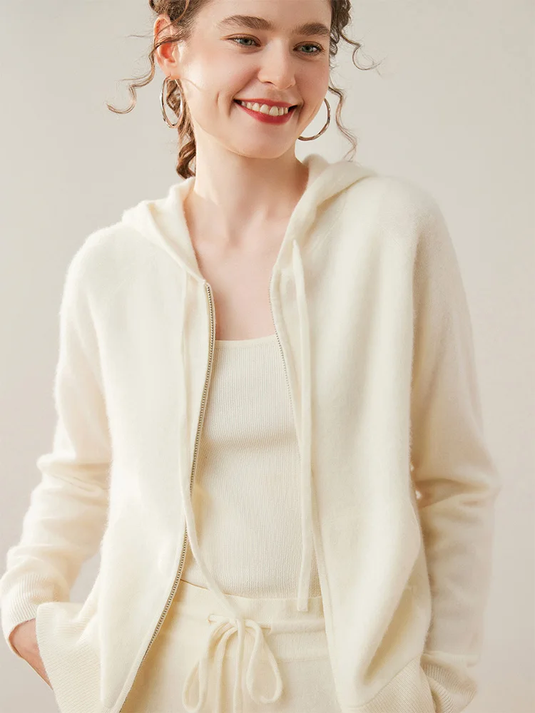 New Women 100% Cashmere Sweater Hooded Zipper Cardigan Cashmere Autumn Winter Soft Long Sleeve Casual Simple Style Clothing Top
New Women 100% Cashmere Sweater Hooded Zipper Cardigan Cashmere Autumn Winter Soft Long Sleeve Casual Simple Style Clothing Top