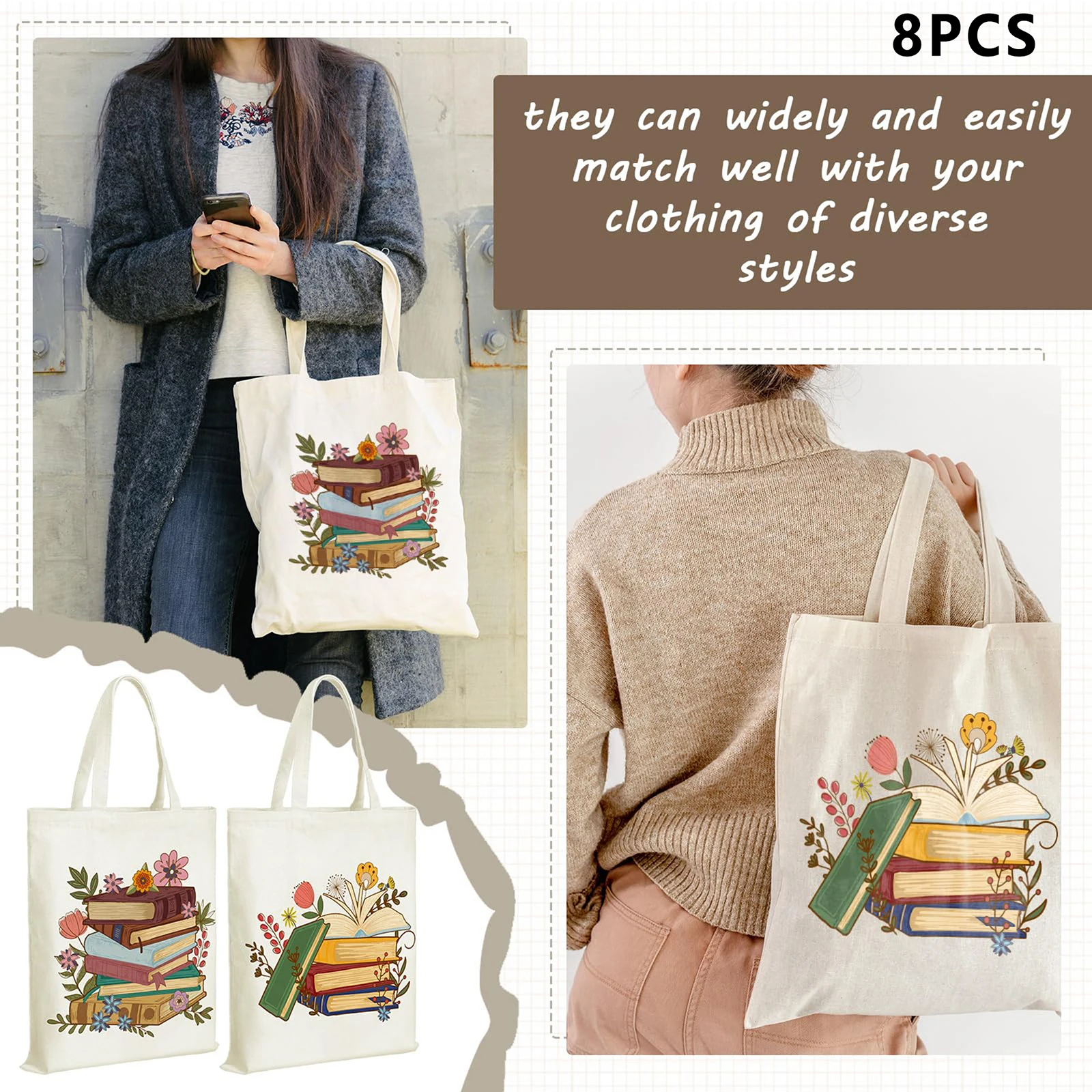 Women Large Canvas Tote Purse 8Pcs/Set Casual Cat Book Flower Print Work Purse Lightweight Shoulder Bag
Women Large Canvas Tote Purse 8Pcs/Set Casual Cat Book Flower Print Work Purse Lightweight Shoulder Bag