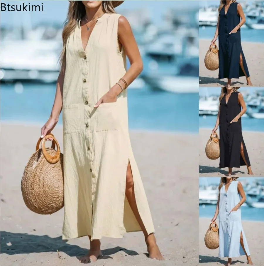 2024 Summer Vintage Cotton Linen Dress for Women Loose Casual Tank Dress Women's Solid V Neck Pocket Button-up Beach Maxi Dress
2024 Summer Vintage Cotton Linen Dress for Women Loose Casual Tank Dress Women's Solid V Neck Pocket Button-up Beach Maxi Dress
