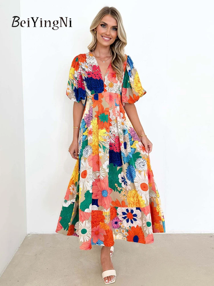 Beiyingni French Elegant Women V-neck Long Dresses Floral Printed Casual Puff Sleeve A-line Dress Lady Fashion Vestidos Clothing 
Beiyingni French Elegant Women V-neck Long Dresses Floral Printed Casual Puff Sleeve A-line Dress Lady Fashion Vestidos Clothing