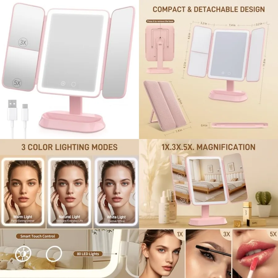 Rechargeable Trifold Makeup Mirror with Lights, 1X/3X/5X Magnification, Cordless 3-Color LED Vanity Mirror for Travel and Desk,
Rechargeable Trifold Makeup Mirror with Lights, 1X/3X/5X Magnification, Cordless 3-Color LED Vanity Mirror for Travel and Desk,