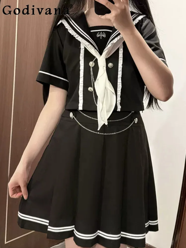 Summer New Sweet Navy Collar Subcultural Bow Tie Short Sleeve Shirt Fashion Girl High Waist A-line Black White JK College Skirt
Summer New Sweet Navy Collar Subcultural Bow Tie Short Sleeve Shirt Fashion Girl High Waist A-line Black White JK College Skirt