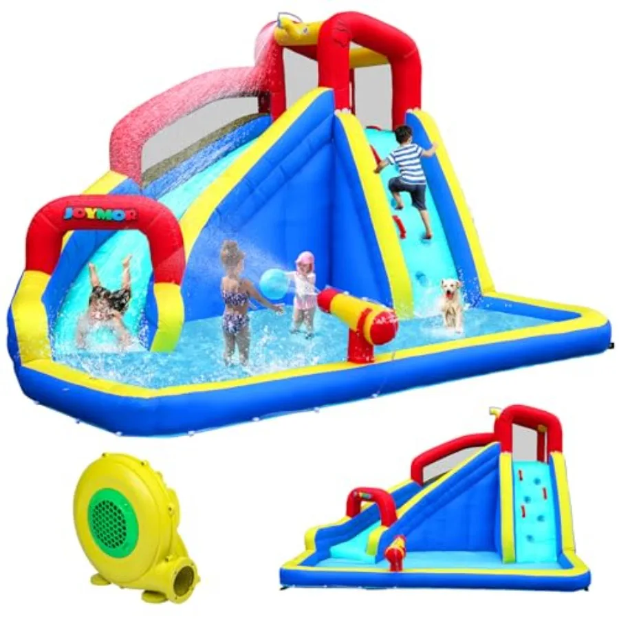 Backyard outdoor water play park: inflatable slide with splash pool climbing wall water cannon; blue red PVC material; durable
Backyard outdoor water play park: inflatable slide with splash pool climbing wall water cannon; blue red PVC material; durable