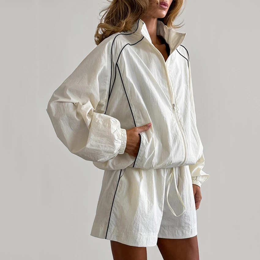 Linad Street Chic Apricot Zipper Coats Suits Women Casual Loose Stand Collar Jacket With Elastic Waist Shorts Two Piece Set 2026
Linad Street Chic Apricot Zipper Coats Suits Women Casual Loose Stand Collar Jacket With Elastic Waist Shorts Two Piece Set 2026
