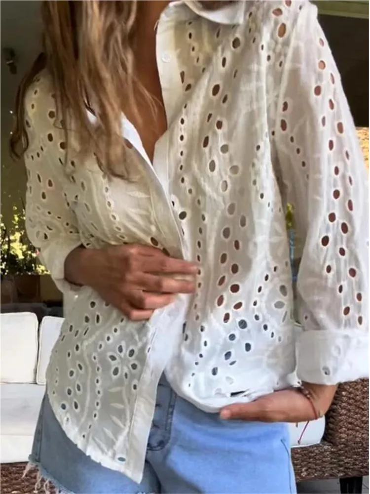 Casual Fashion Women's Shirt Hollowed-out Long-sleeved Lapel White Shirt Female Elegant Loose Beach Office Ladies Shirts Spring
Casual Fashion Women's Shirt Hollowed-out Long-sleeved Lapel White Shirt Female Elegant Loose Beach Office Ladies Shirts Spring