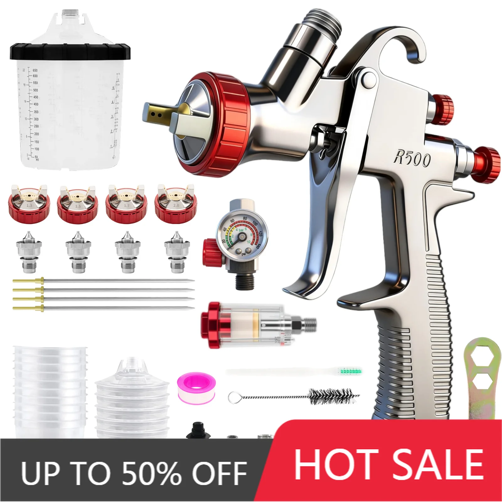 LVLP Spray Gun R500 w 1.3/1.5/1.7/2.0mm Nozzle and Air Pressure Regulator Gauge Professional Gravity Feed Paint Gun Sprayer
LVLP Spray Gun R500 w 1.3/1.5/1.7/2.0mm Nozzle and Air Pressure Regulator Gauge Professional Gravity Feed Paint Gun Sprayer