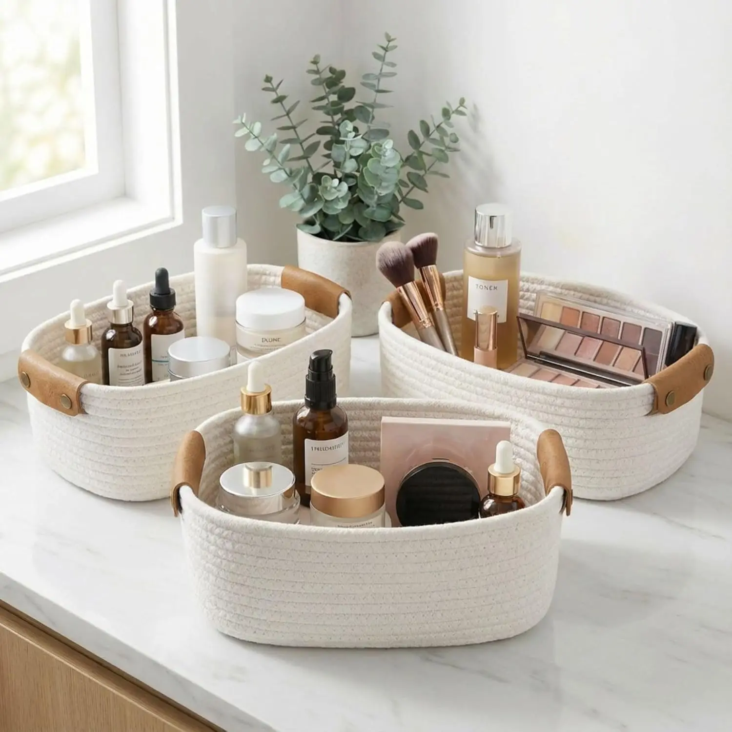 Jute Rope Storage Basket Set of 3 for Shelves, Organize Clothes Toys Toiletries with PU Leather Handles
Jute Rope Storage Basket Set of 3 for Shelves, Organize Clothes Toys Toiletries with PU Leather Handles