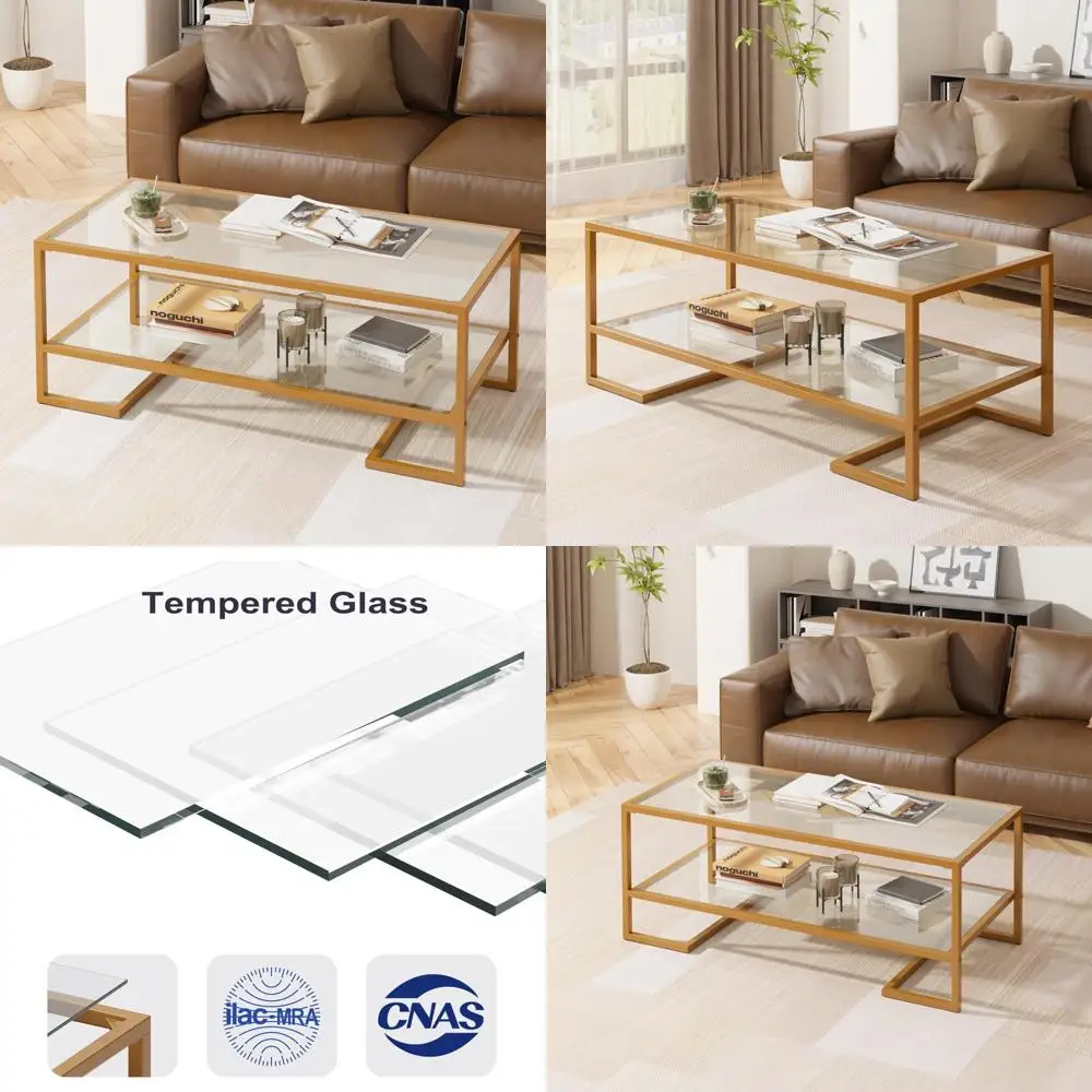Rectangular Modern 2-Tier Tempered Glass Coffee Table with Metal Frame and Open Storage
Rectangular Modern 2-Tier Tempered Glass Coffee Table with Metal Frame and Open Storage