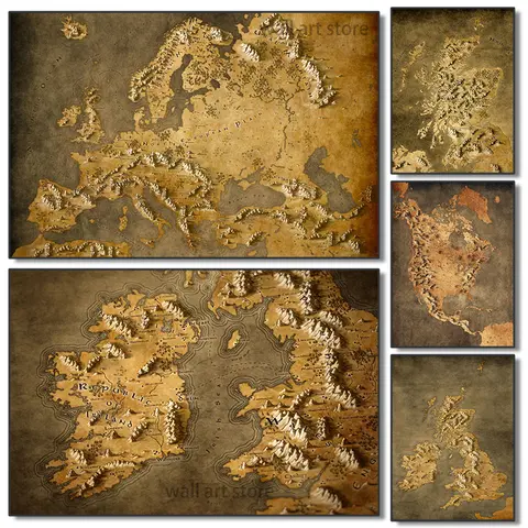 Vintage Map Poster Europe South America Topographic Map Mountain Poster Canvas Print Painting Nordic Home Decoration Painting