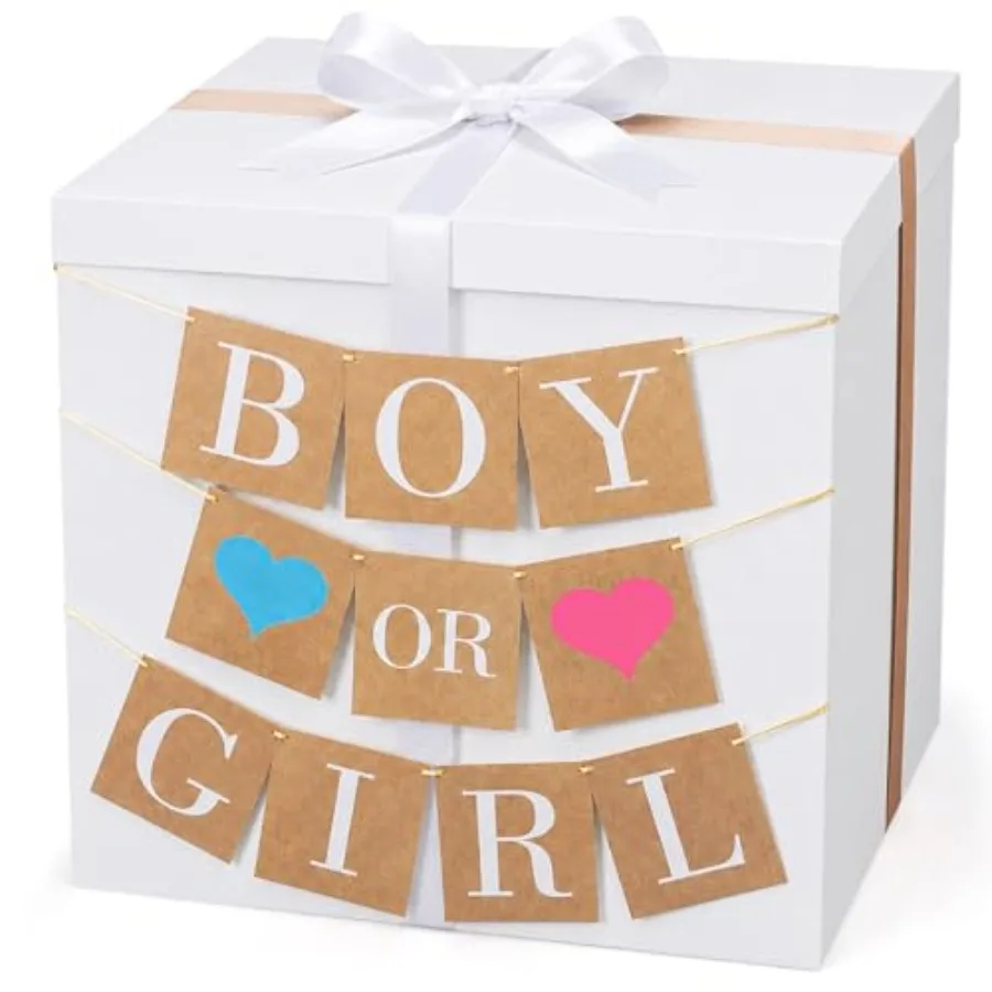 Gender Reveal Party: Extra Large 28-Inch White Cardboard Gift Box with Lid, White-Gold Ribbons Boy/Girl Banner for Baby Shower
Gender Reveal Party: Extra Large 28-Inch White Cardboard Gift Box with Lid, White-Gold Ribbons Boy/Girl Banner for Baby Shower