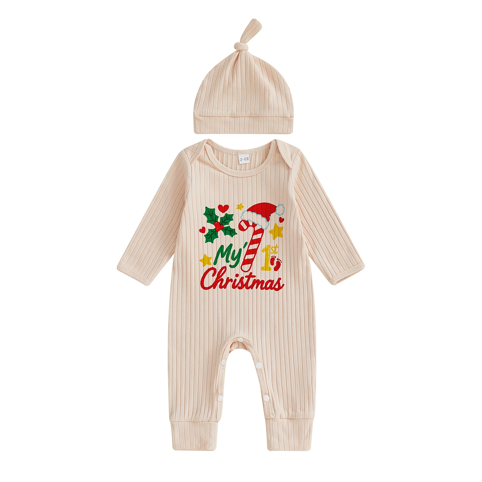 Baby Christmas Ribbed Romper Letter Candy Cane Print Long Sleeve Round Neck Jumpsuit with Hat 2 Pcs Set
Baby Christmas Ribbed Romper Letter Candy Cane Print Long Sleeve Round Neck Jumpsuit with Hat 2 Pcs Set