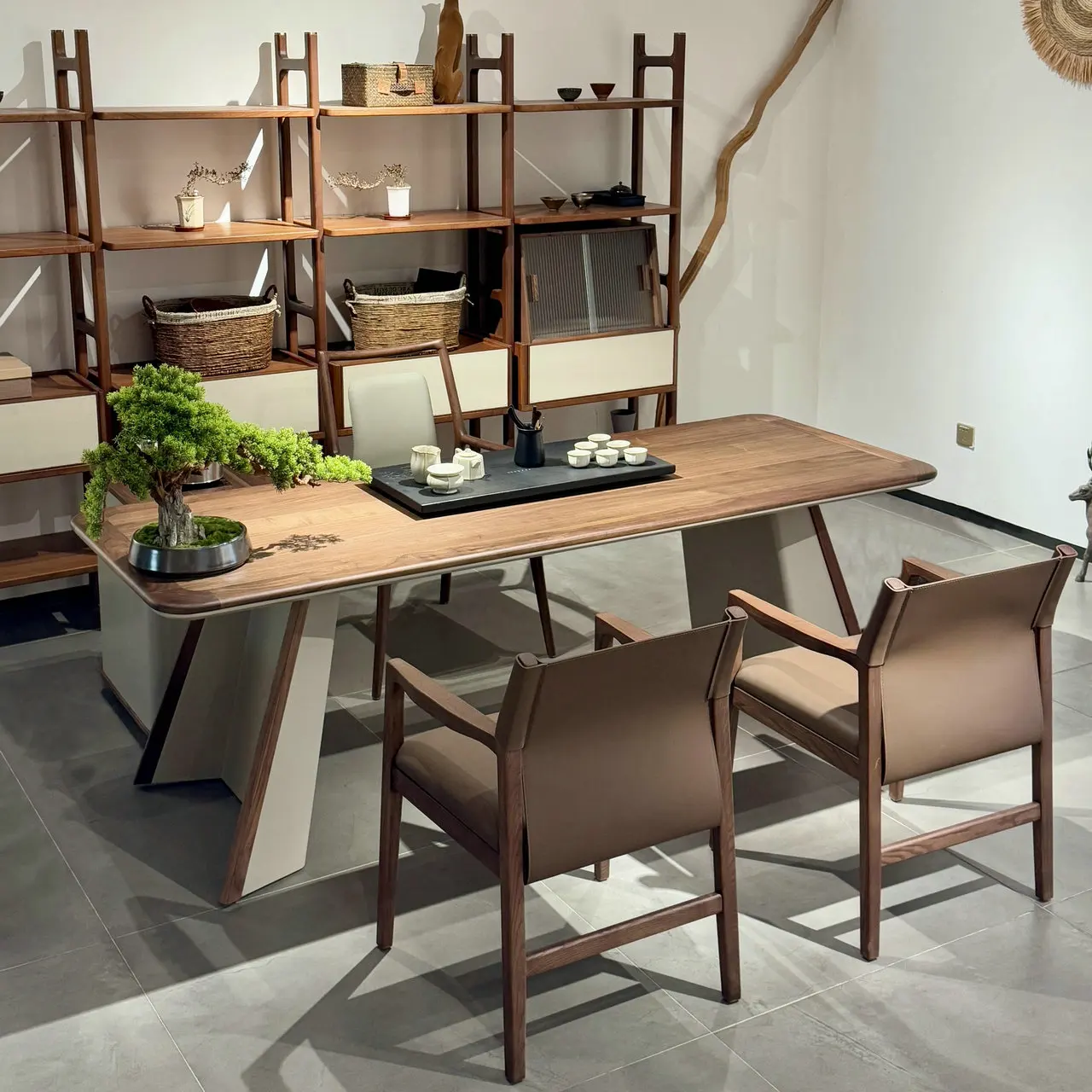 New Chinese-style solid wood tea table and chair combination modern simple black walnut living room
New Chinese-style solid wood tea table and chair combination modern simple black walnut living room