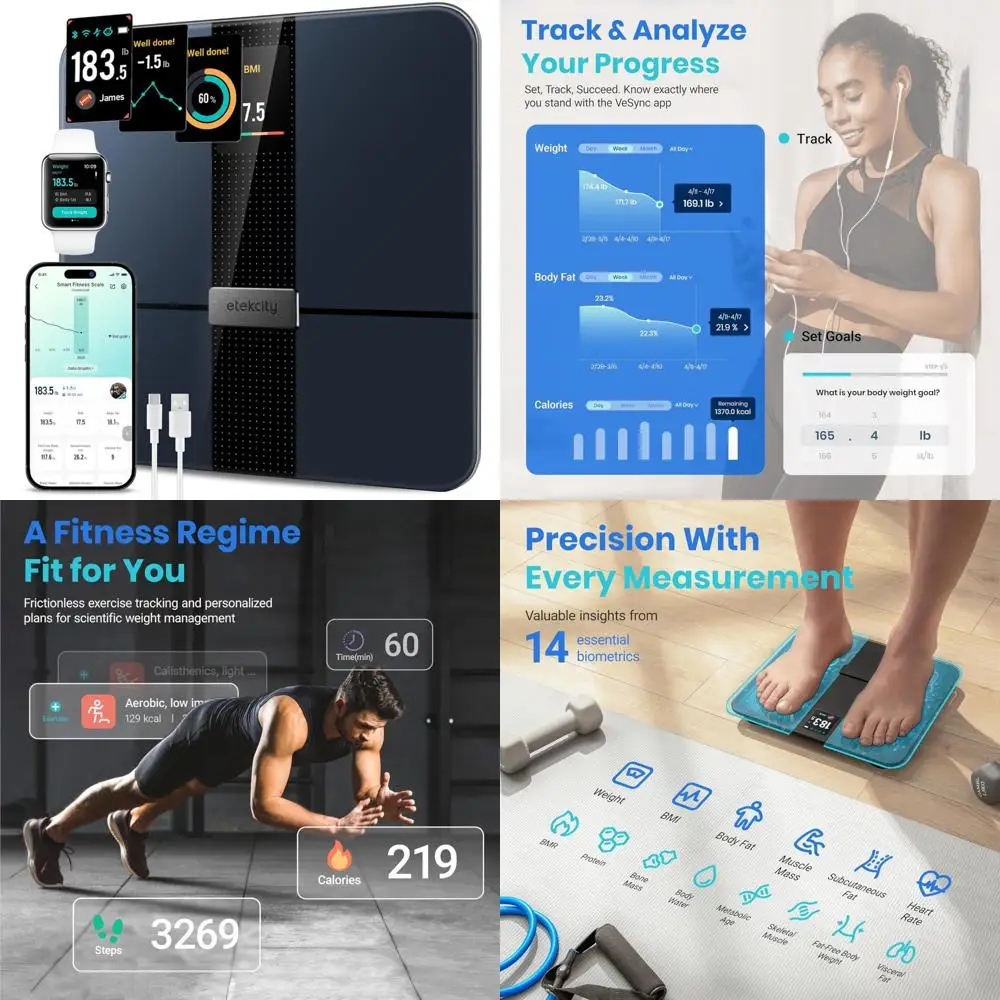 Цифровые весы для ванной комнаты от Etekcity: точный анализатор массой, жира, BMI и мышечной массы для домашнего использования. 
Цифровые весы для ванной комнаты от Etekcity: точный анализатор массой, жира, BMI и мышечной массы для домашнего использования.