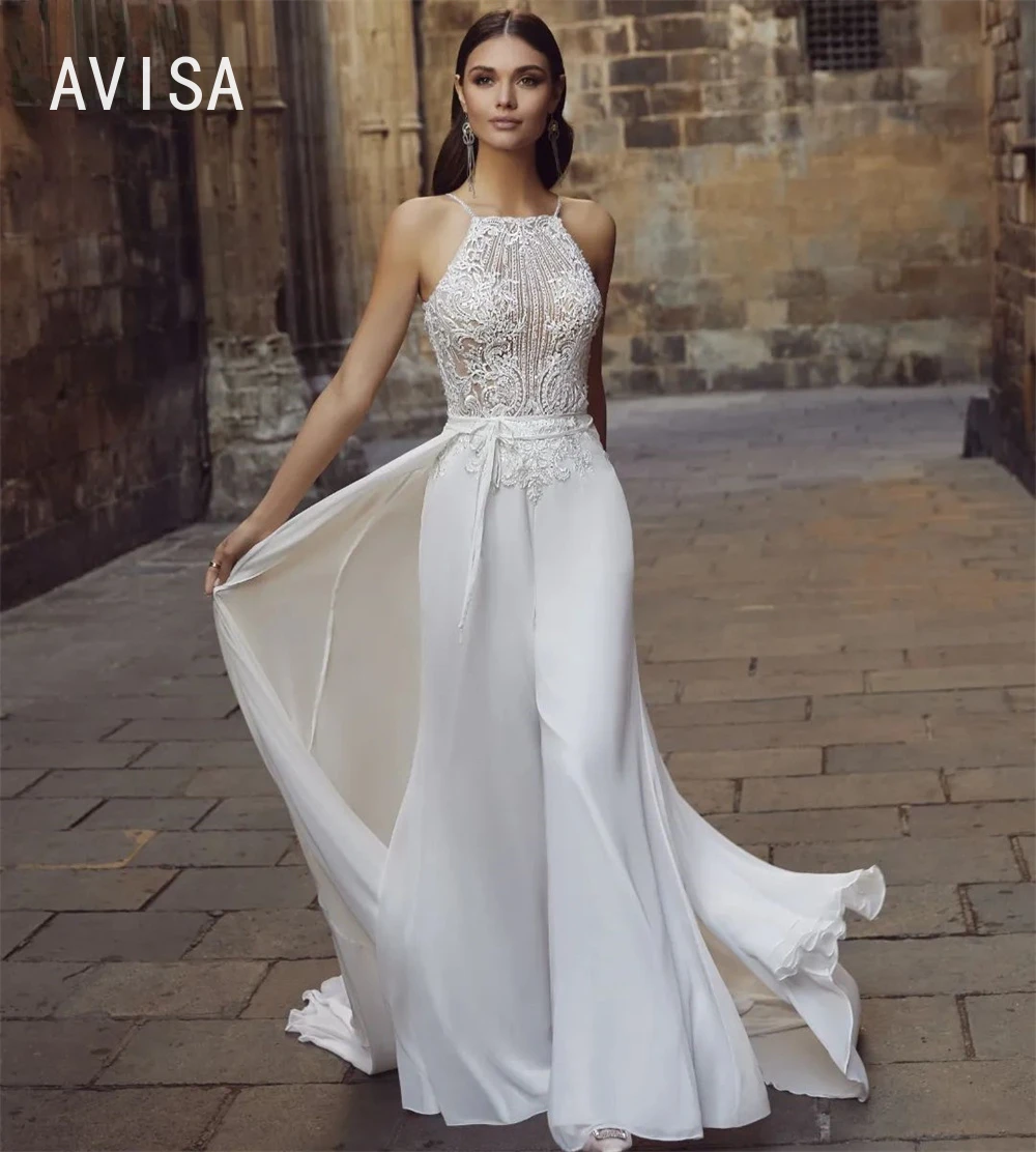 Boho Jumpsuit Wedding Dress Backless Chiffon Sleeveless Lace Bride Dresses for Women Bohemian Free Shipping Country Bridal Gown
Boho Jumpsuit Wedding Dress Backless Chiffon Sleeveless Lace Bride Dresses for Women Bohemian Free Shipping Country Bridal Gown