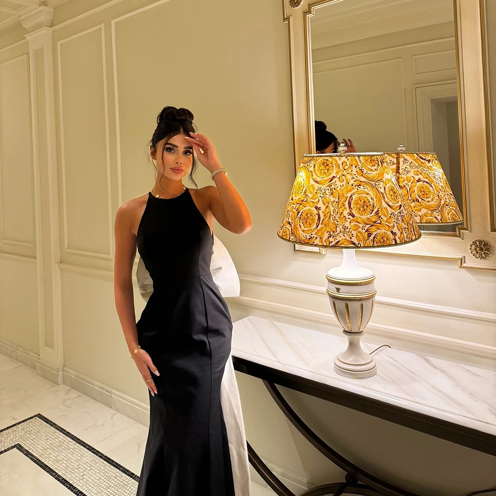 Customized Simple O-neck Black Mermaid Evening Dress Sleeveless Watteau Train Jersey Party Dress Bow Ankle Length Prom Gown
Customized Simple O-neck Black Mermaid Evening Dress Sleeveless Watteau Train Jersey Party Dress Bow Ankle Length Prom Gown