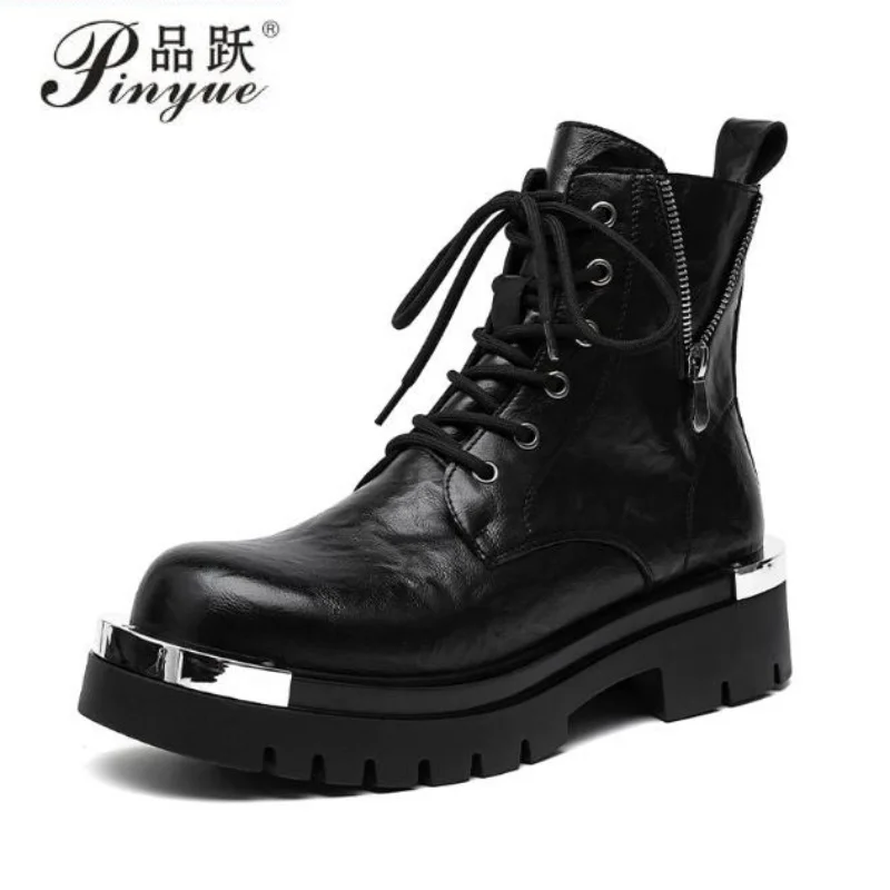 Men Ankle Boots Leather Platform Boots Motorcycle Shoes Side Zipper Rubber Soles Lace Up Punk Men Boots with Metal Decoration
Men Ankle Boots Leather Platform Boots Motorcycle Shoes Side Zipper Rubber Soles Lace Up Punk Men Boots with Metal Decoration