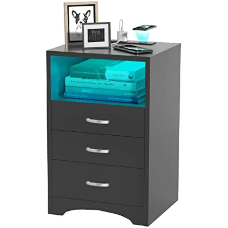 Black Nightstand with 3 Drawers, Wireless Charging, LED Lights, and Open Storage for Bedroom or End Table Use
Black Nightstand with 3 Drawers, Wireless Charging, LED Lights, and Open Storage for Bedroom or End Table Use