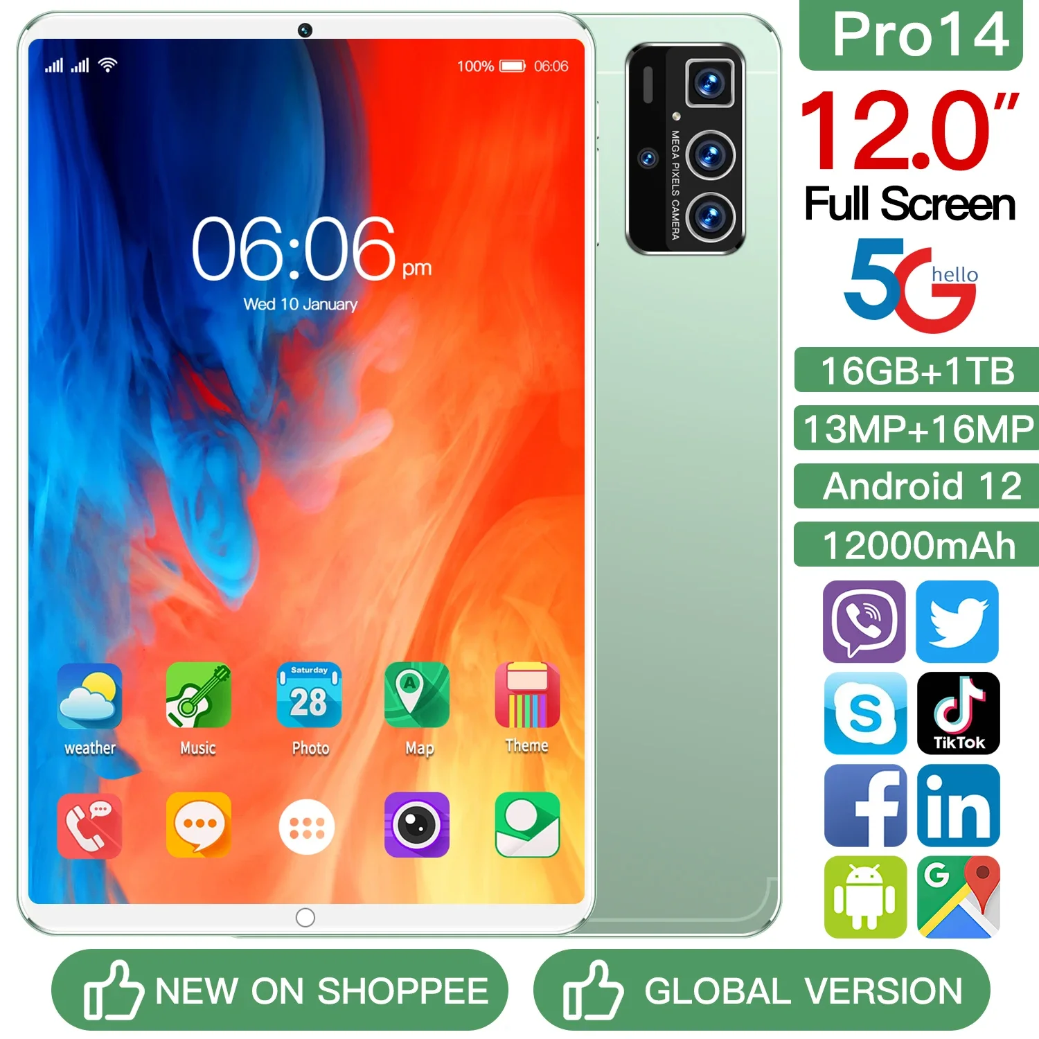 High-Performance Dual SIM Tablet: Pro14 Android 12 with 12-inch HD Screen, 16GB RAM, 12000mAh Battery, GPS, 13MP+16MP Cameras
High-Performance Dual SIM Tablet: Pro14 Android 12 with 12-inch HD Screen, 16GB RAM, 12000mAh Battery, GPS, 13MP+16MP Cameras