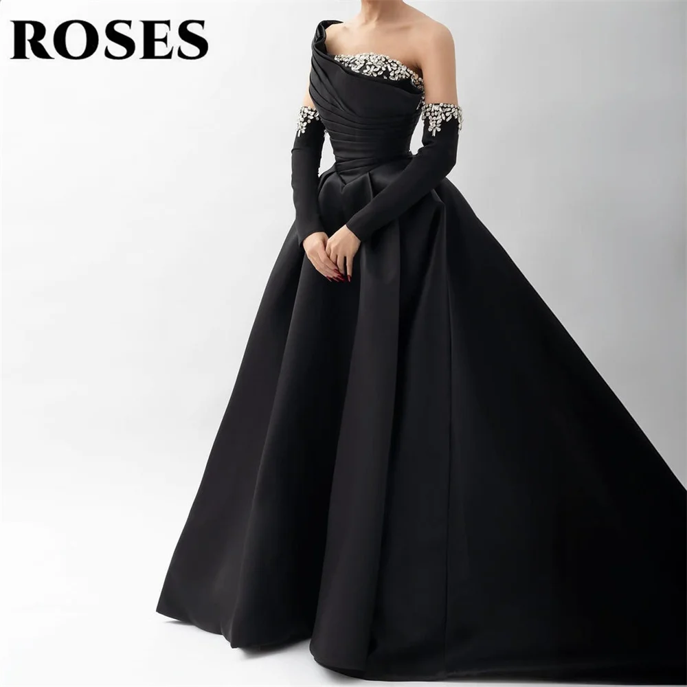ROSES Black Elegant Stain Prom Dress Off the Shoulder Formal Gown Crystal Pleats A-Line Party Dress for Woman 프롬 드레스 Customized
ROSES Black Elegant Stain Prom Dress Off the Shoulder Formal Gown Crystal Pleats A-Line Party Dress for Woman 프롬 드레스 Customized