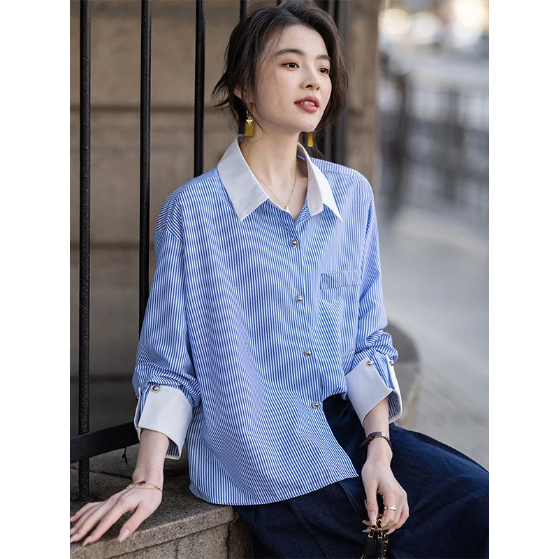 Women Spring Autumn Simplicity Office Lady Loose Striped Long Sleeve Shirts Ladies Fashion Trend All-match Temperament Tops
Women Spring Autumn Simplicity Office Lady Loose Striped Long Sleeve Shirts Ladies Fashion Trend All-match Temperament Tops
