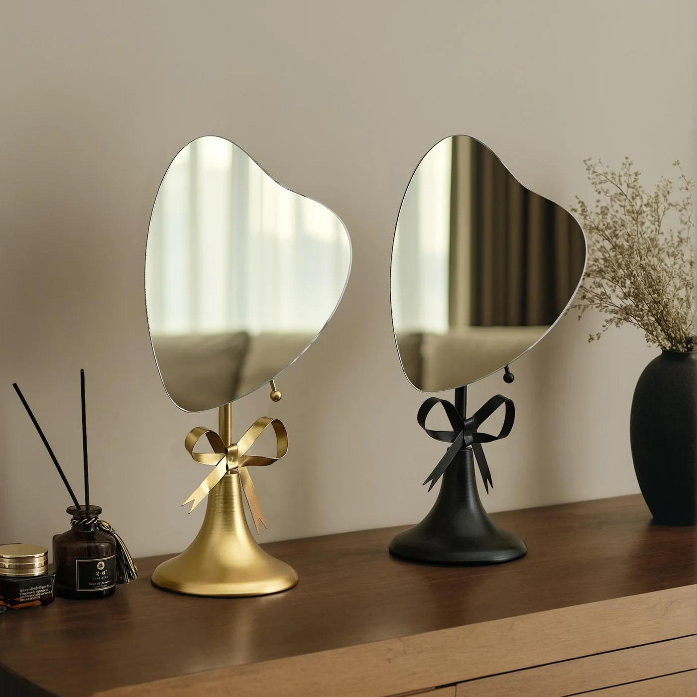 Metal Home Makeup Mirror Household Freestanding Dressing Mirror with Simple Decor for Dormitory, Heart-Shaped Mirror Ornament
Metal Home Makeup Mirror Household Freestanding Dressing Mirror with Simple Decor for Dormitory, Heart-Shaped Mirror Ornament