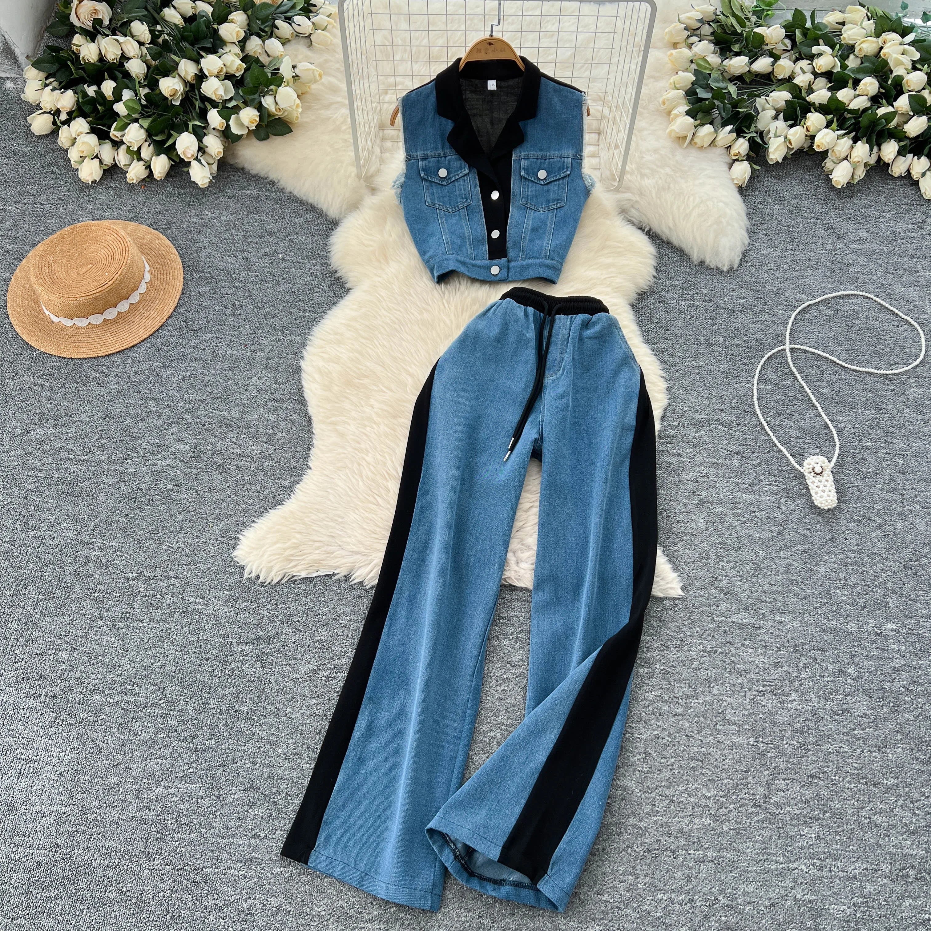 Women Casual Pant Set Denim Outfits Color-block Flap Collar Sleeveless Denim Jacket Vest+High-waisted Wide-leg Pants
Women Casual Pant Set Denim Outfits Color-block Flap Collar Sleeveless Denim Jacket Vest+High-waisted Wide-leg Pants