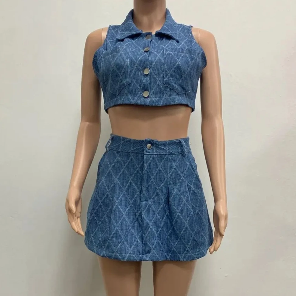 2 Piece Sets Women Sexy Denim Short Skirts Suits Matching Sets Plaid Print Outfits Sleeveless Tops A Line Dress Sets Streetwear
2 Piece Sets Women Sexy Denim Short Skirts Suits Matching Sets Plaid Print Outfits Sleeveless Tops A Line Dress Sets Streetwear