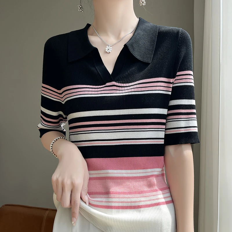 Women Clothing Vintage Striped Patchwork Fashion T-shirt Summer Short Sleeve Loose Fashion Casual Tops Thin Knit Pullovers
Women Clothing Vintage Striped Patchwork Fashion T-shirt Summer Short Sleeve Loose Fashion Casual Tops Thin Knit Pullovers