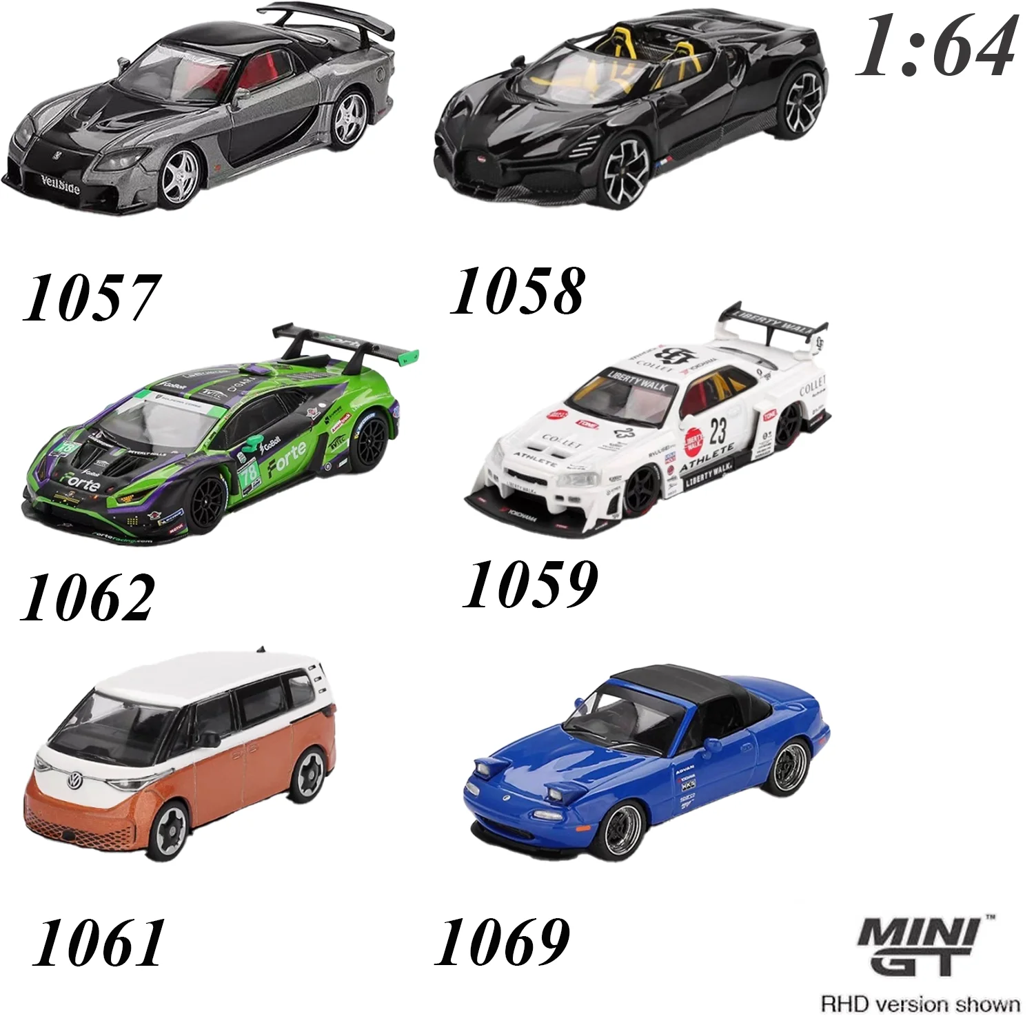 MINI GT 1:64 Mazda RX-7 MX-5 Bugatti W16 Super Silhouette LB Volkswagen ID.Buzz Alloy Car Model Collection Decoration Item 
MINI GT 1:64 Mazda RX-7 MX-5 Bugatti W16 Super Silhouette LB Volkswagen ID.Buzz Alloy Car Model Collection Decoration Item