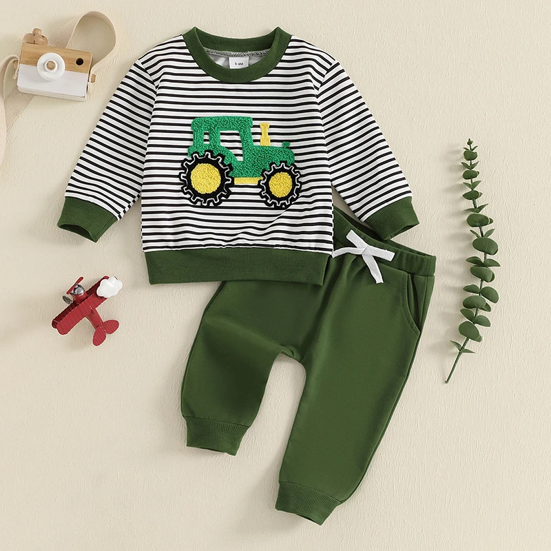 Kids Baby Boy Fall Outfits Casual Green Striped Tractor Embroidered Long Sleeve Sweatshirts and Bow Tie Pants Two-Piece Sets
Kids Baby Boy Fall Outfits Casual Green Striped Tractor Embroidered Long Sleeve Sweatshirts and Bow Tie Pants Two-Piece Sets