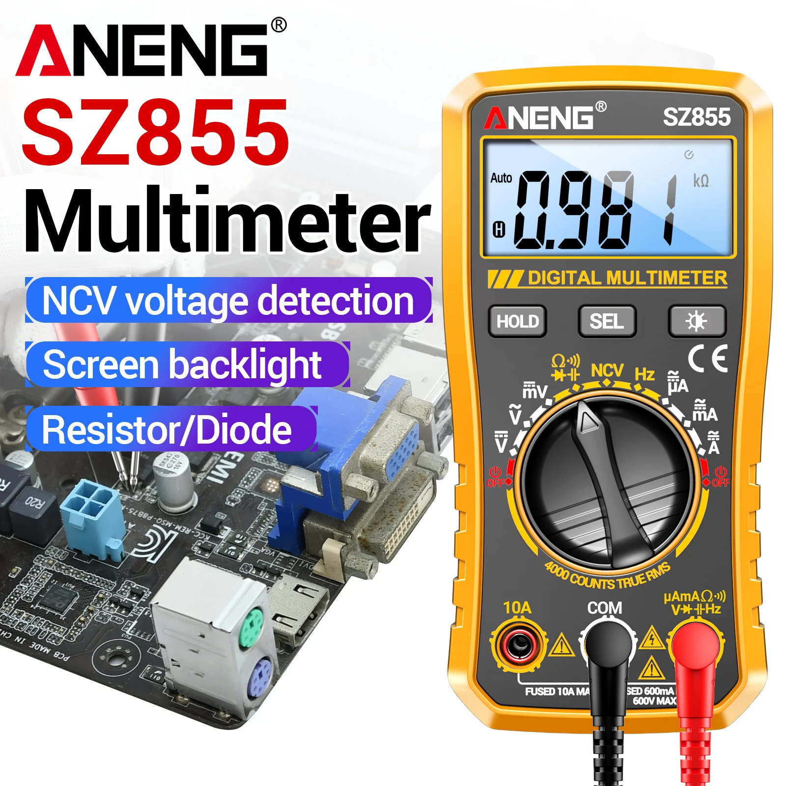 ANENG SZ855 Digital Multimeter 4000 Word Counting NCV Non contact AC/DC Voltage Current Resistance Capacitor Frequency Tester
ANENG SZ855 Digital Multimeter 4000 Word Counting NCV Non contact AC/DC Voltage Current Resistance Capacitor Frequency Tester