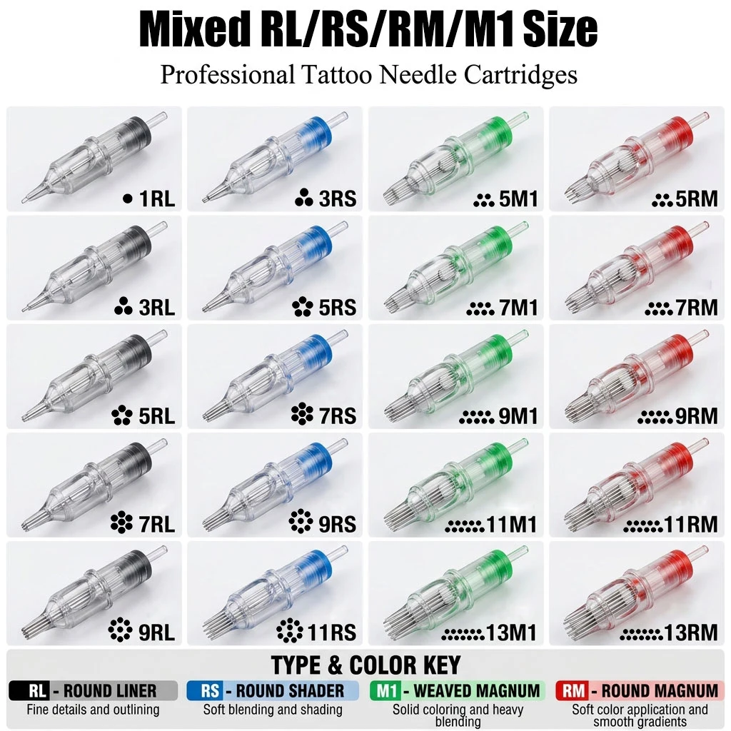 Tattoo Cartridge Needles Mixed RL RS RM M1 Disposable Sterilized Safety Membrane for Permanent Makeup Rotary Pen Machine Supply
Tattoo Cartridge Needles Mixed RL RS RM M1 Disposable Sterilized Safety Membrane for Permanent Makeup Rotary Pen Machine Supply