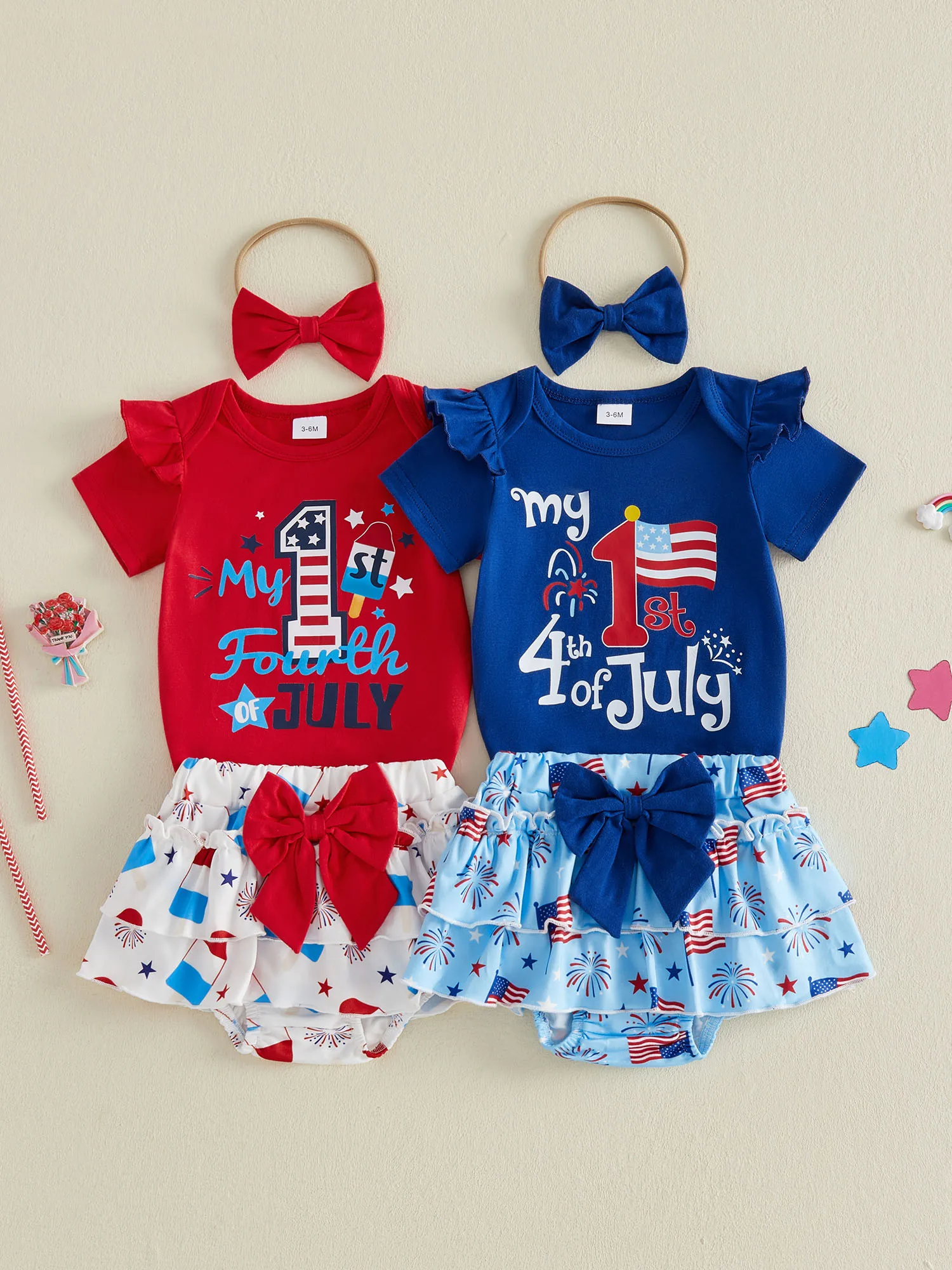 Baby Boys Independence Day Outfits American Flag Print Short Sleeve Romper Star Stripes Print Tiered PP Shorts Headband Sets
Baby Boys Independence Day Outfits American Flag Print Short Sleeve Romper Star Stripes Print Tiered PP Shorts Headband Sets