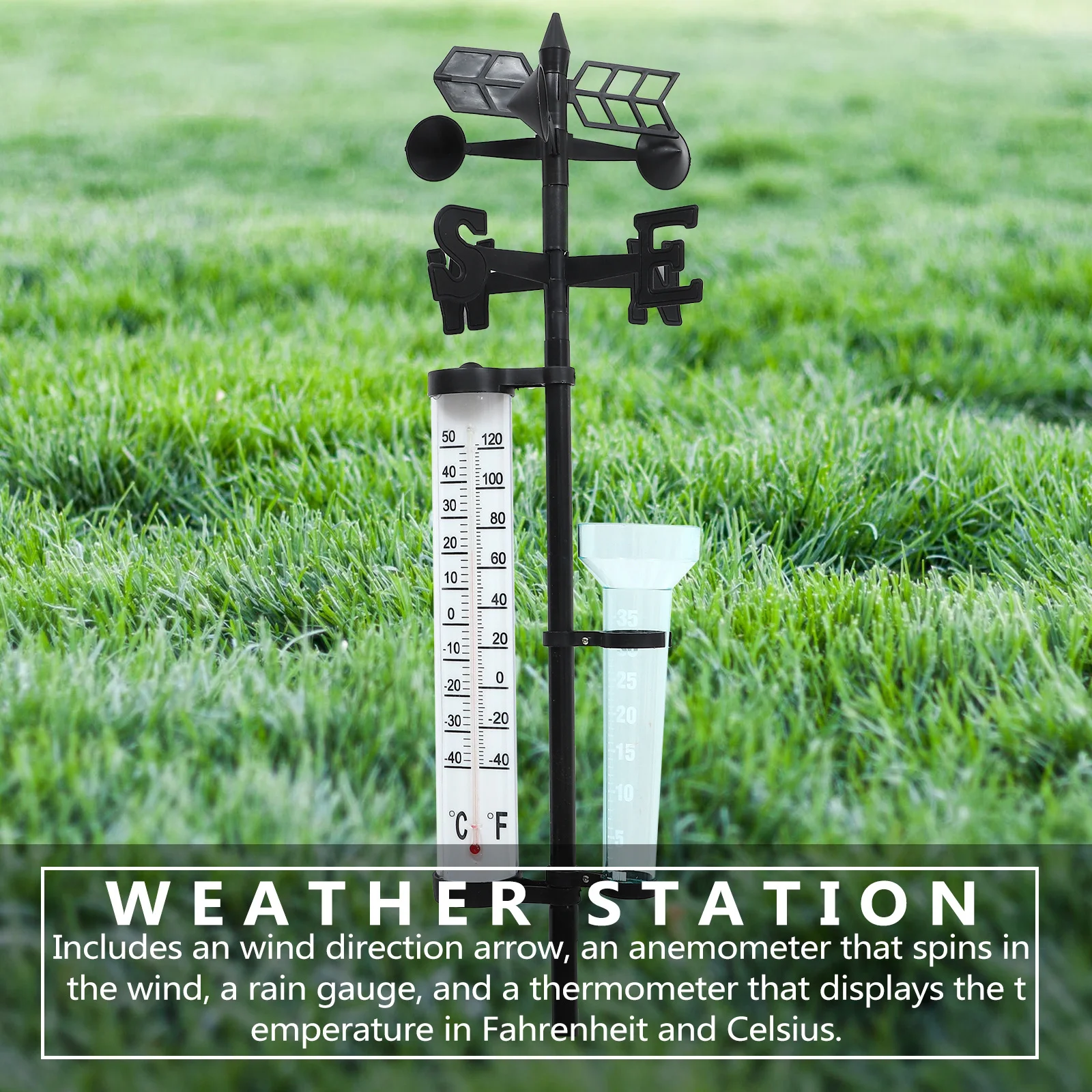 Outdoor Meteorology Instrument 3 in 1 with Wind Direction Arrow Anemometer Rain Gauge Thermometer Function for Garden Decoration
Outdoor Meteorology Instrument 3 in 1 with Wind Direction Arrow Anemometer Rain Gauge Thermometer Function for Garden Decoration